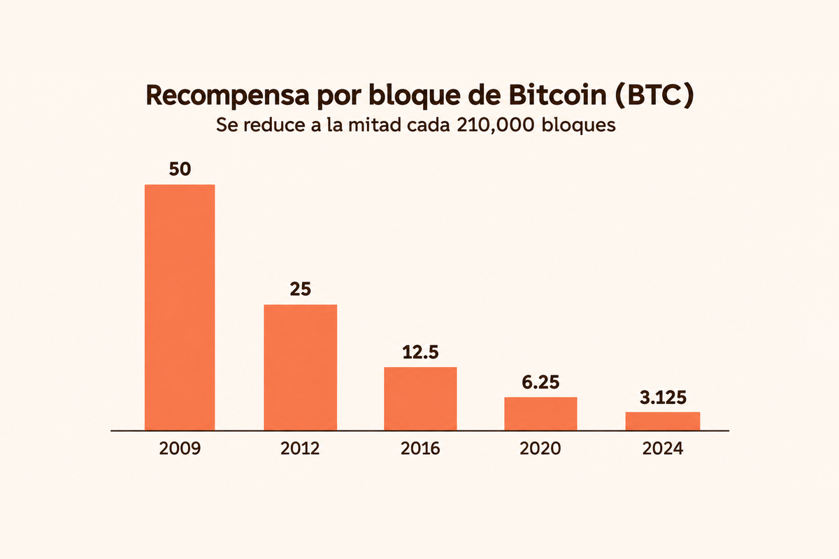 Gráfico de barras de la recompensa por bloque de Bitcoin: 50 BTC en 2009, 25 BTC en 2012, 12.5 BTC en 2016, 6.25 BTC en 2020 y 3.125 BTC en 2024